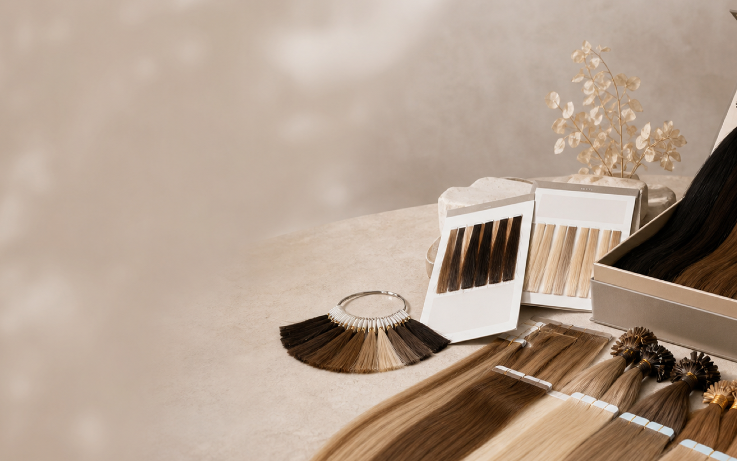 Human hair extension sample kit and colour swatches